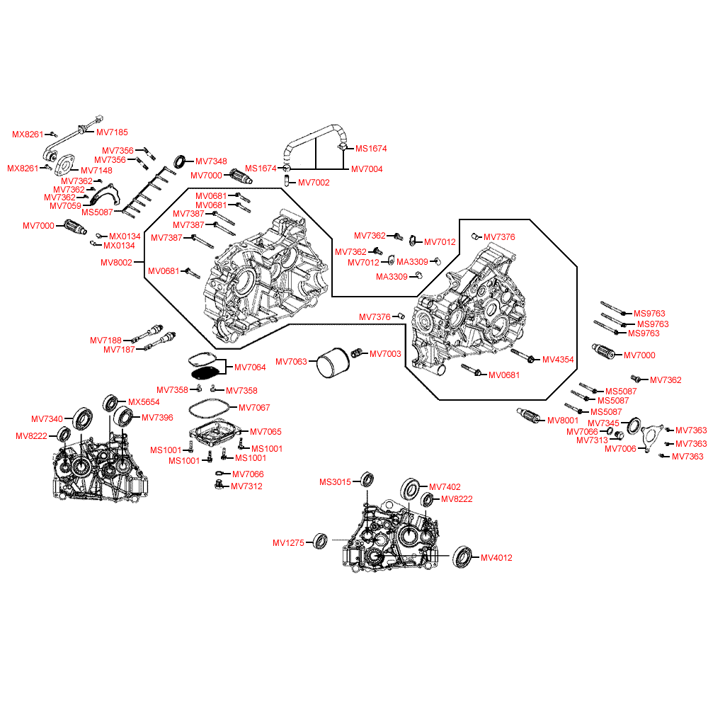 E01 crankcase, oil filter and switch gear