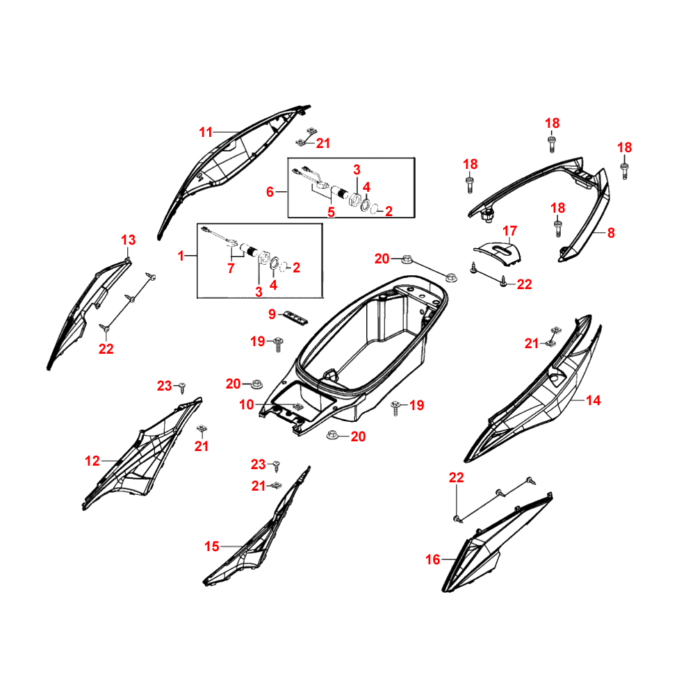 F12 rear body parts & under seat storage / helmet compartment