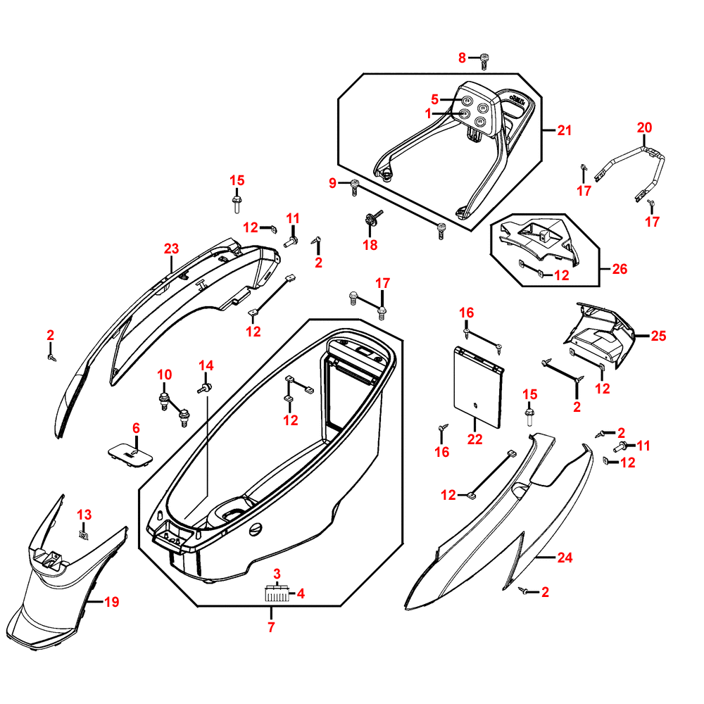 F12 rear body parts, under seat storage / helmet compartment & seat lock